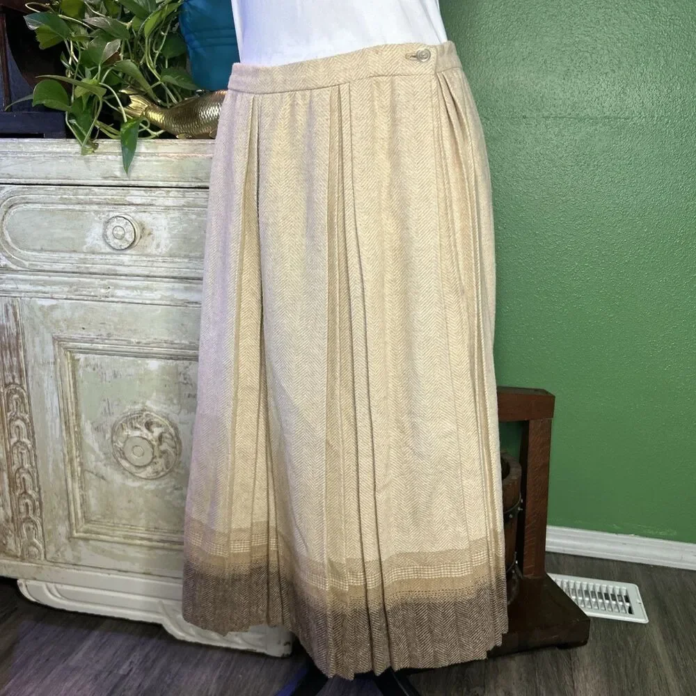 Vintage Pleated Wool Oatmeal Colored Midi Skirt, Medium Library Chic Academia